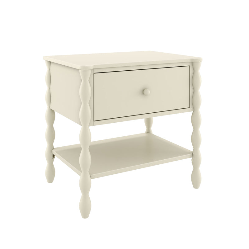 Cream bedside table nightstand with one drawer and lower shelf, turned spindle legs, farmhouse-style bedroom furniture