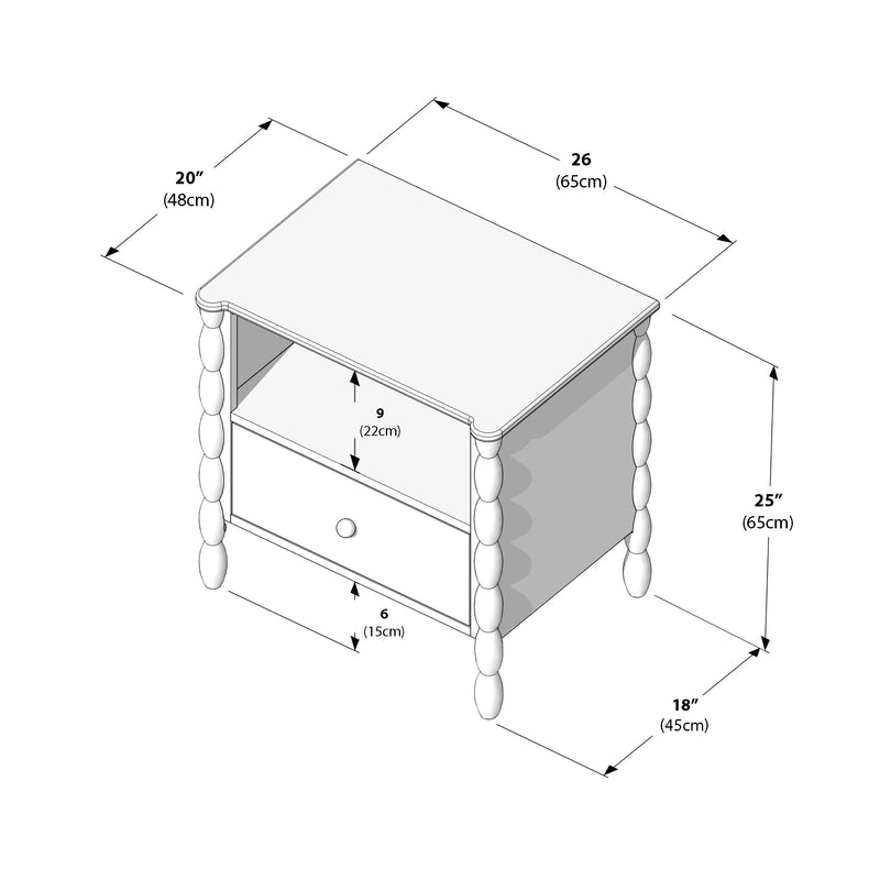Nightstand dimensions diagram: spindle-leg wooden bedside table with open shelf and single drawer, 26" W x 20" D x 25" H (65 x 48 x 65 cm); shelf height 9" (22 cm); drawer height 6" (15 cm)