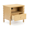 Light natural pine bedside table nightstand with one pull-out drawer, open shelf, built-in power outlet with USB ports, turned spindle legs and smooth wood finish