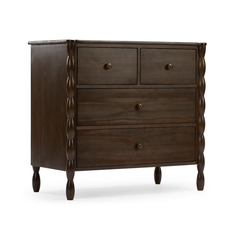Dark brown wooden dresser chest of drawers with turned legs and round knob handles, two small top drawers and larger lower drawers, isolated on white background