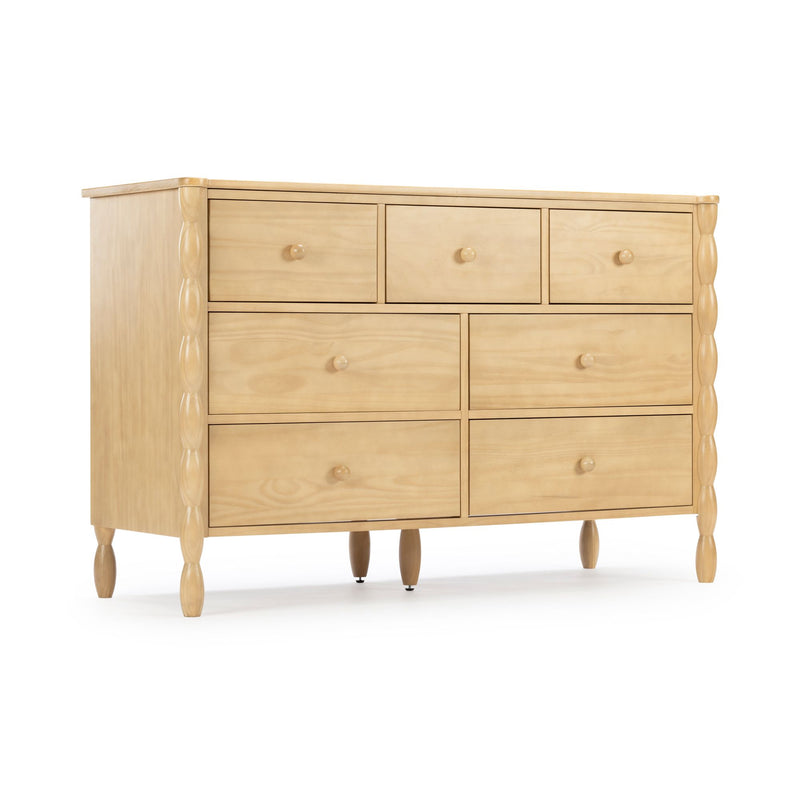 Light wood 7-drawer dresser with turned legs and round wooden knobs, modern bedroom storage solution
