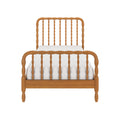 Solid wood spindle bed frame with natural oak finish, traditional spindle headboard and white mattress