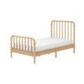 Natural oak spindle twin bed frame with white mattress, vintage-style wooden headboard and footboard for nursery or kids' bedroom