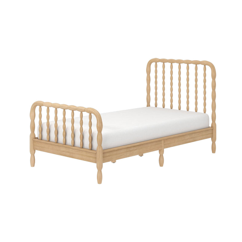 Natural oak spindle twin bed frame with white mattress, vintage-style wooden headboard and footboard for nursery or kids' bedroom