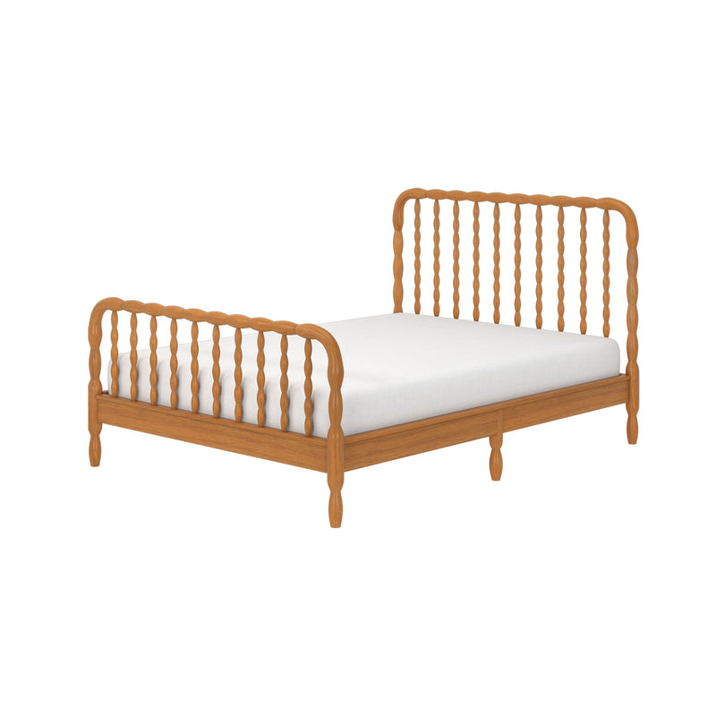 Natural solid wood spindle bed frame with turned spindles headboard and footboard and white mattress — farmhouse platform bed