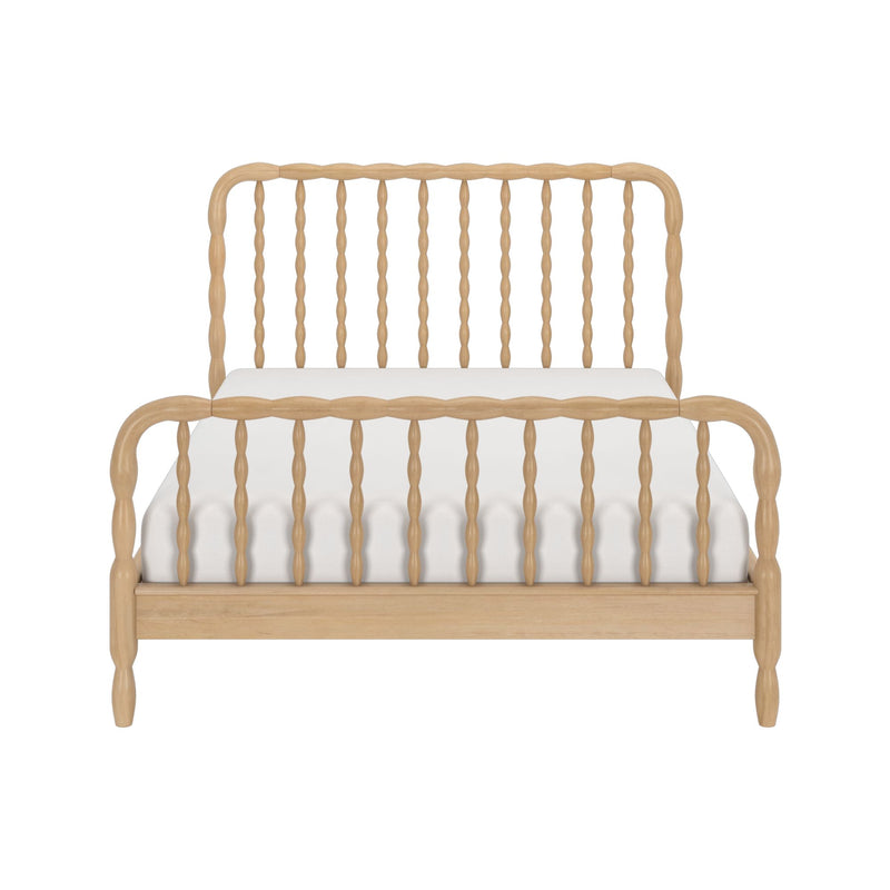 Scandinavian-style light natural wood bed frame with turned spindle headboard and footboard and white mattress