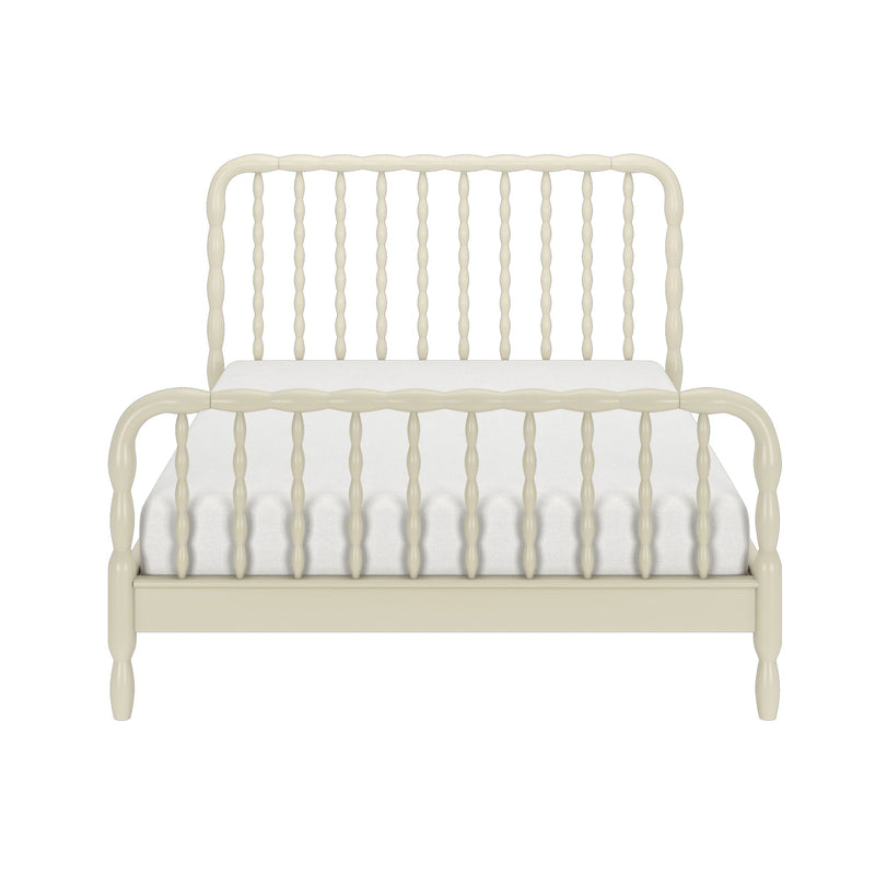Ivory painted wooden spindle bed frame with turned-post headboard and footboard and white tufted mattress, farmhouse bedroom furniture