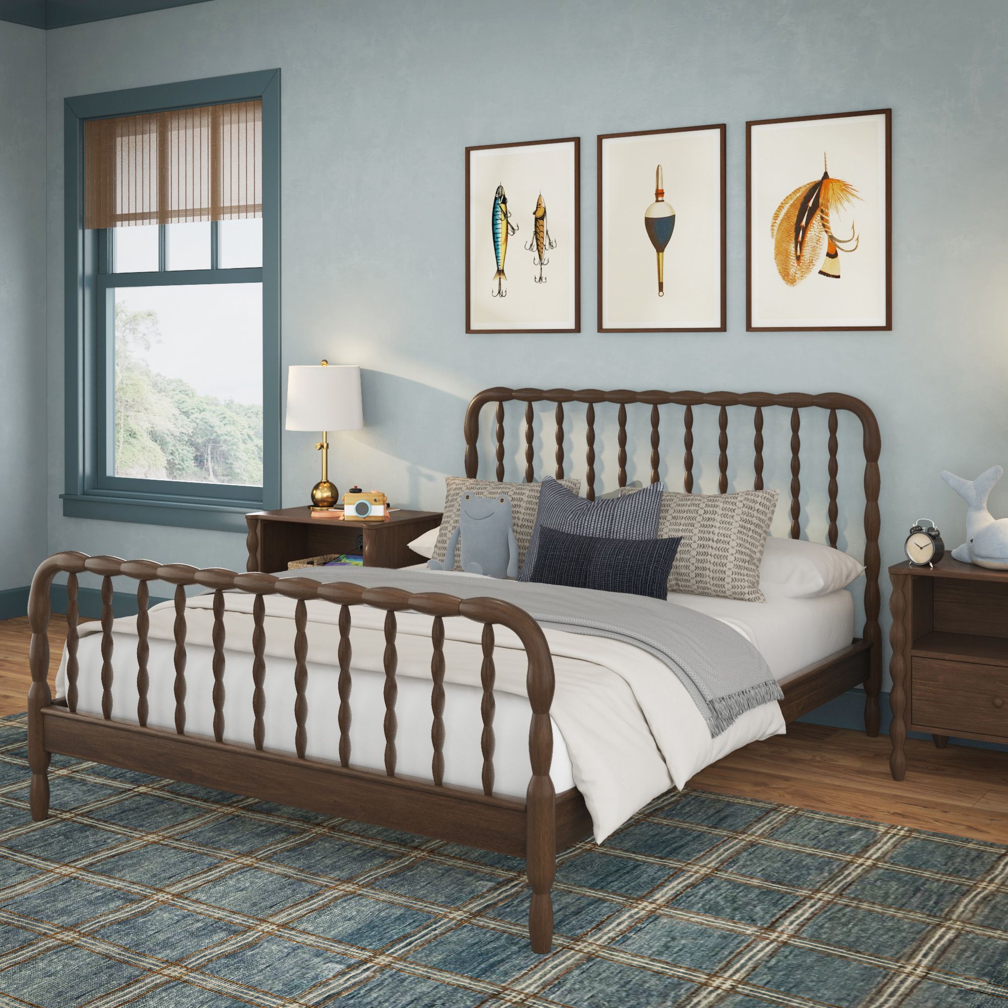 A dark-wood finish Jenny Lind Queen bed with blue and white sheets in a blue room. Matching nightstands are on either side of the bed.