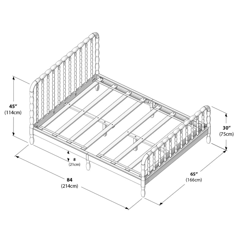 Wooden spindle bed frame assembly diagram with turned headboard and footboard, slatted platform support and measurements 84" (214 cm) length × 65" (166 cm) width, headboard 45" (114 cm) and footboard 30" (75 cm)