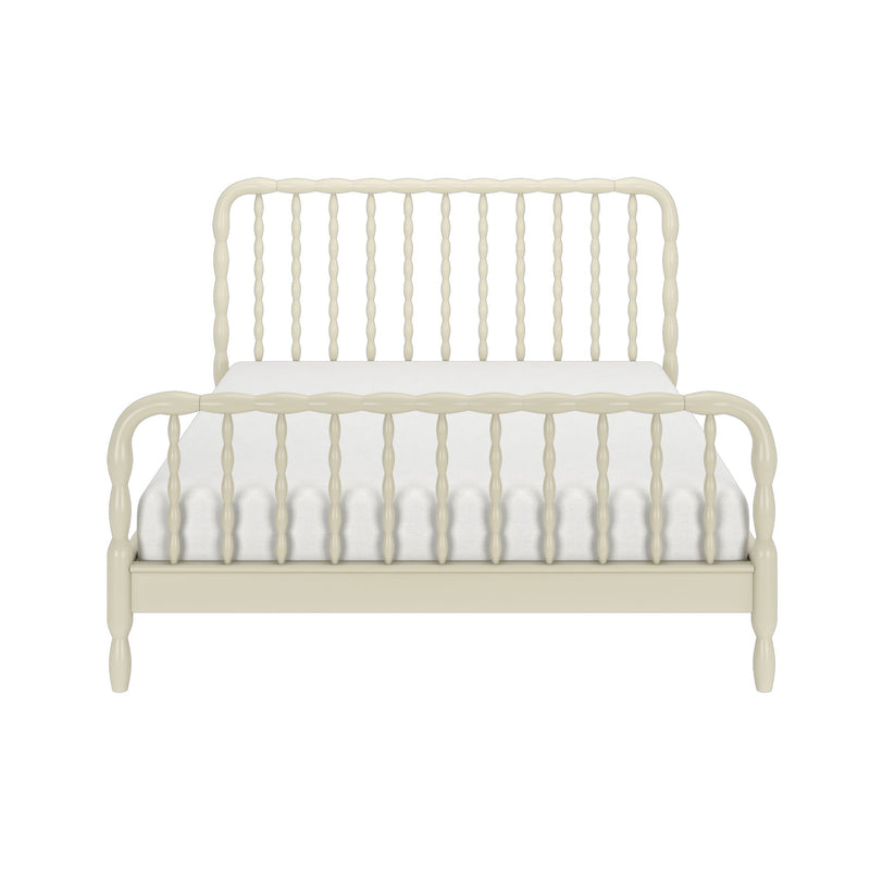 Cream wooden spindle bed frame with turned spindle headboard and footboard on white mattress, farmhouse vintage bedroom bed