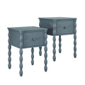 Set of two blue wooden nightstands with single drawers and turned spindle legs, matching bedside tables for modern farmhouse bedroom decor