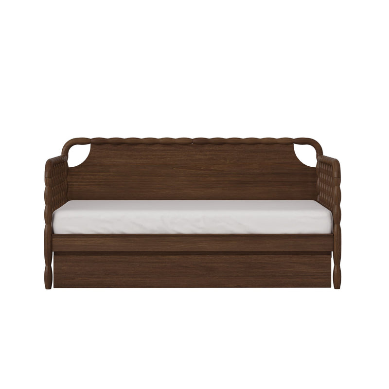 Dark walnut wood daybed with woven rattan armrests and white mattress, rustic boho sofa bed for living room or guest room