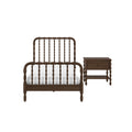 Dark brown wooden spindle bed frame with white bedding and matching nightstand with drawer, traditional bedroom set