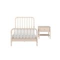 Beige wooden spindle bed frame with matching nightstand, vintage farmhouse bedroom furniture on white background