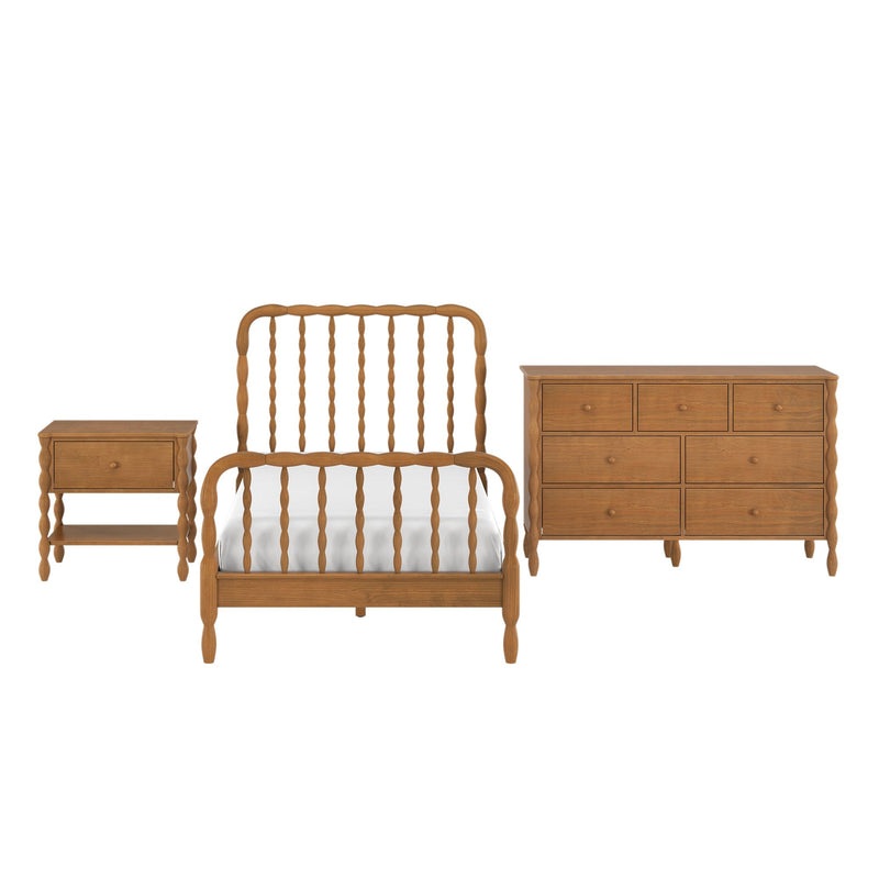 Natural wood bedroom set with spindle headboard bed, matching nightstand and multi-drawer dresser on white background