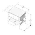 Isometric line drawing of a wooden bedside table nightstand with turned legs, single drawer and lower shelf, annotated dimensions 20" x 26" (48 x 65 cm) top and 25" (65 cm) height