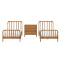 Two wooden twin beds with spindle headboards and white bedding flanking a matching wooden three-drawer nightstand on a white background