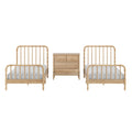 Natural wood twin beds with spindle headboards and matching nightstand, white bedding, modern farmhouse bedroom furniture set