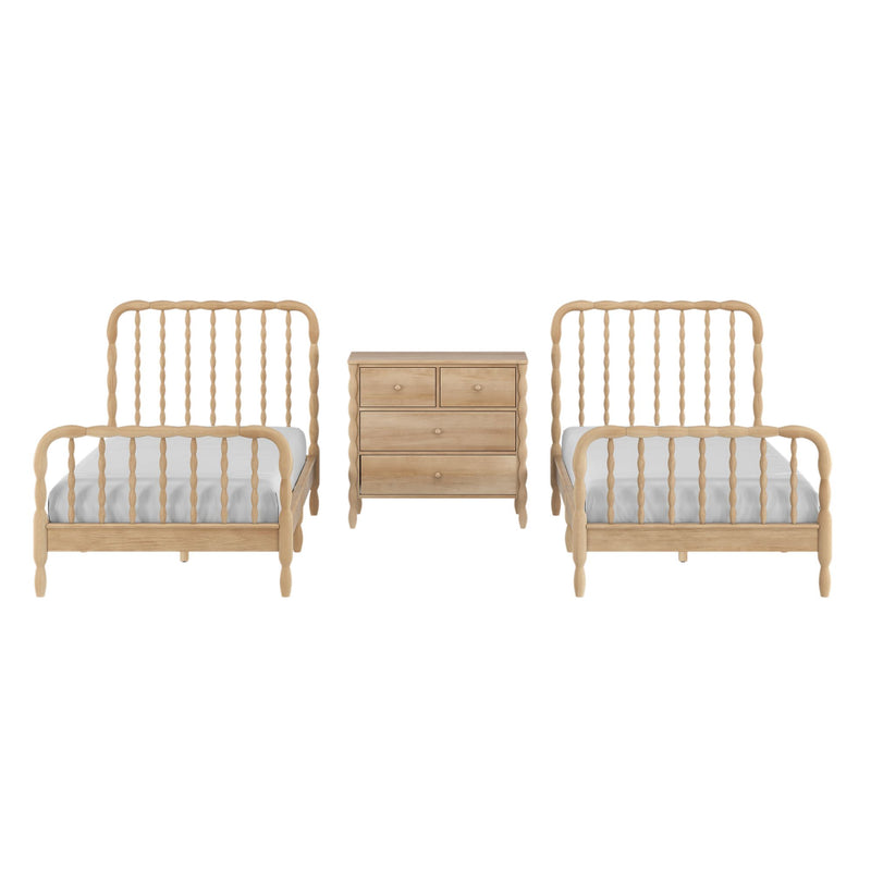 Natural wood twin beds with spindle headboards and matching nightstand, white bedding, modern farmhouse bedroom furniture set