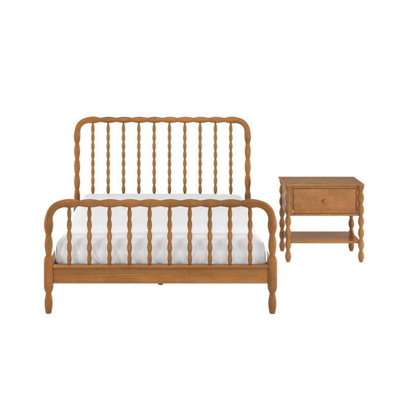 Oak spindle bed frame with white mattress and matching oak nightstand, vintage farmhouse wooden bedroom furniture on white background