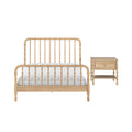 Light oak spindle bed frame with white bedding and matching bedside table nightstand — natural wood farmhouse bedroom furniture