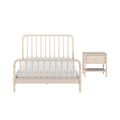 Beige spindle bed frame with white bedding and matching bedside nightstand on white background – modern farmhouse bedroom furniture