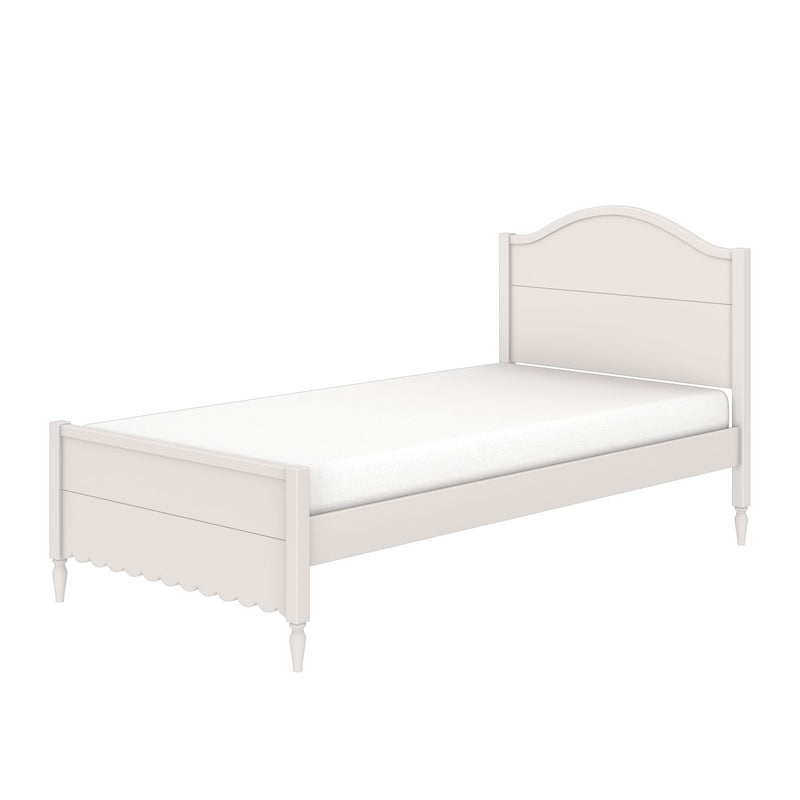 White wooden twin bed frame with arched headboard, scalloped footboard and turned legs, mattress included — farmhouse-style single bed for kids or guest bedroom