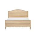 Natural light wood bed frame with arched headboard, scalloped footboard and turned legs — farmhouse-style wooden platform bed with white mattress