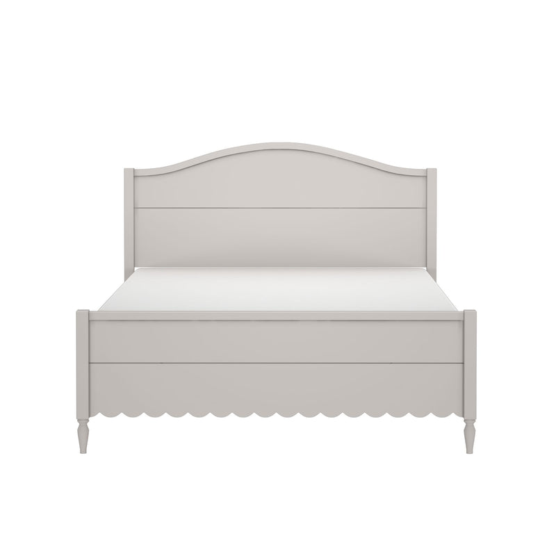 Light gray painted wooden bed frame with curved arched headboard, scalloped footboard and turned legs — farmhouse shabby‑chic bedroom furniture