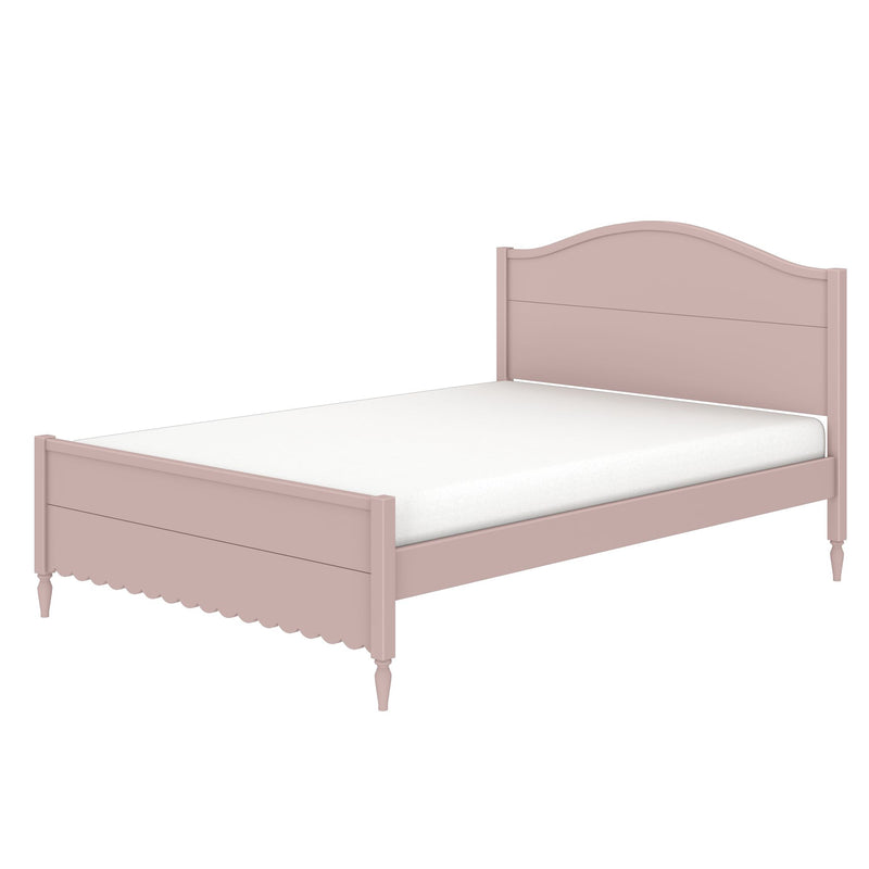 Pink wooden twin bed frame with arched headboard, scalloped footboard, turned legs and white mattress