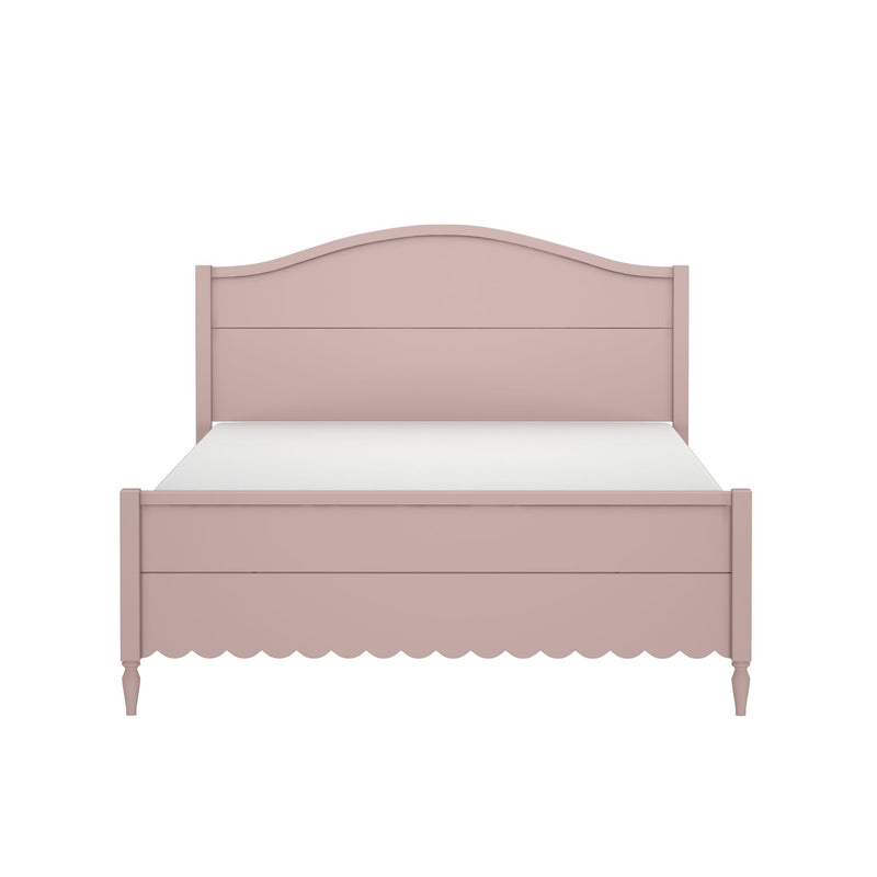 Blush pink bed frame with curved headboard and scalloped footboard, cottage-style wooden bedroom bed