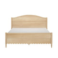 Light oak wooden bed frame with arched headboard, scalloped footboard and turned legs — farmhouse-style bedroom furniture