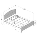 Detailed diagram of a wooden bed frame with curved headboard, scalloped footboard, slatted platform and center support legs, annotated dimensions in inches and centimeters (63" /161cm, 82" /209cm, 38" /96cm, 20" /52cm, 10" /26cm)