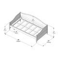 Detailed assembly diagram of a wooden slatted bed frame with scalloped footboard and turned legs, labeled measurements in inches and centimeters (78″ x 41″ x 27″) showing central support rails and mounting brackets