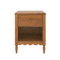 Brown wooden nightstand with single drawer and open lower shelf — farmhouse-style bedside table with turned legs and scalloped apron
