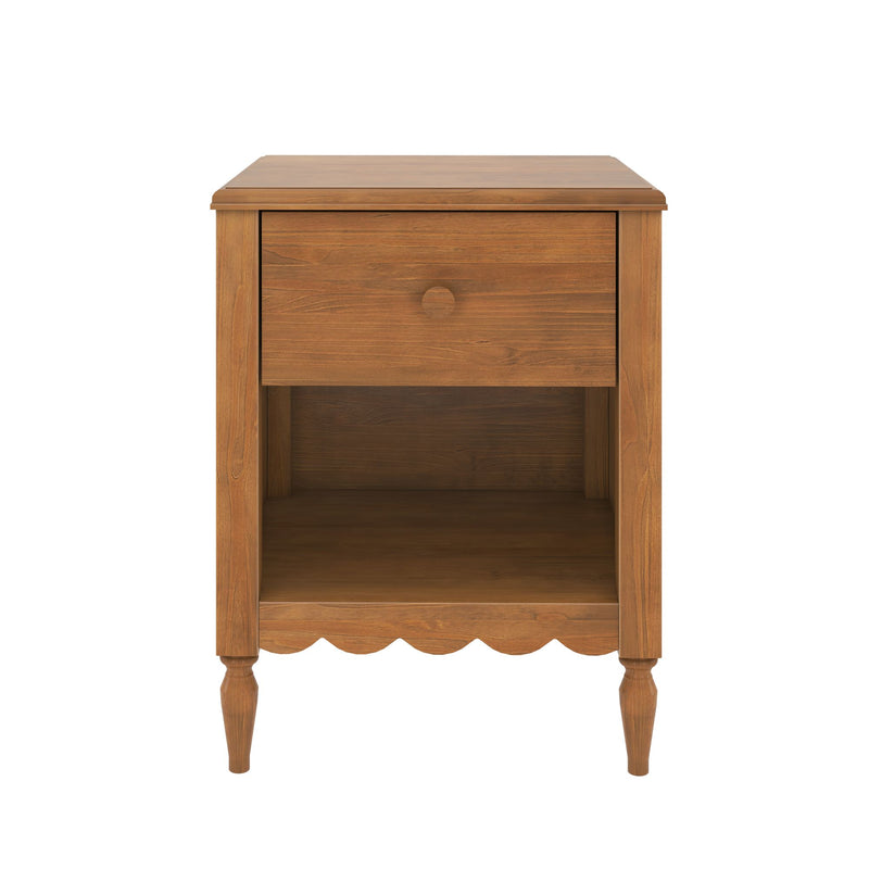 Brown wooden nightstand with single drawer and open lower shelf — farmhouse-style bedside table with turned legs and scalloped apron