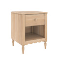 Light wood bedside table nightstand with single drawer, open shelf, turned legs and scalloped apron for bedroom