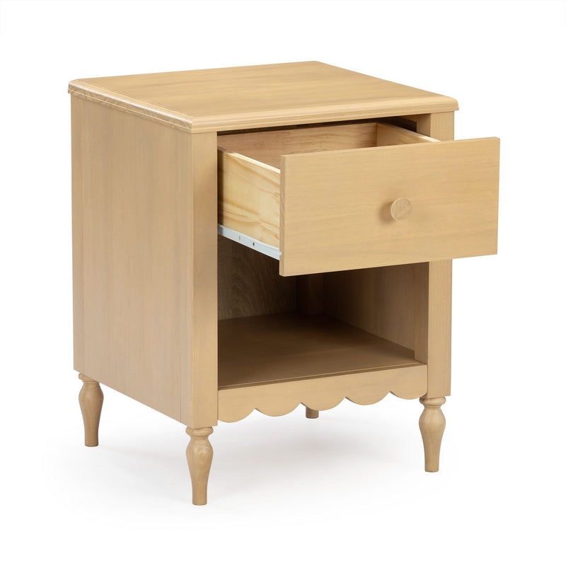 Light natural wood bedside nightstand with open top drawer, open cubby shelf, scalloped apron and turned legs