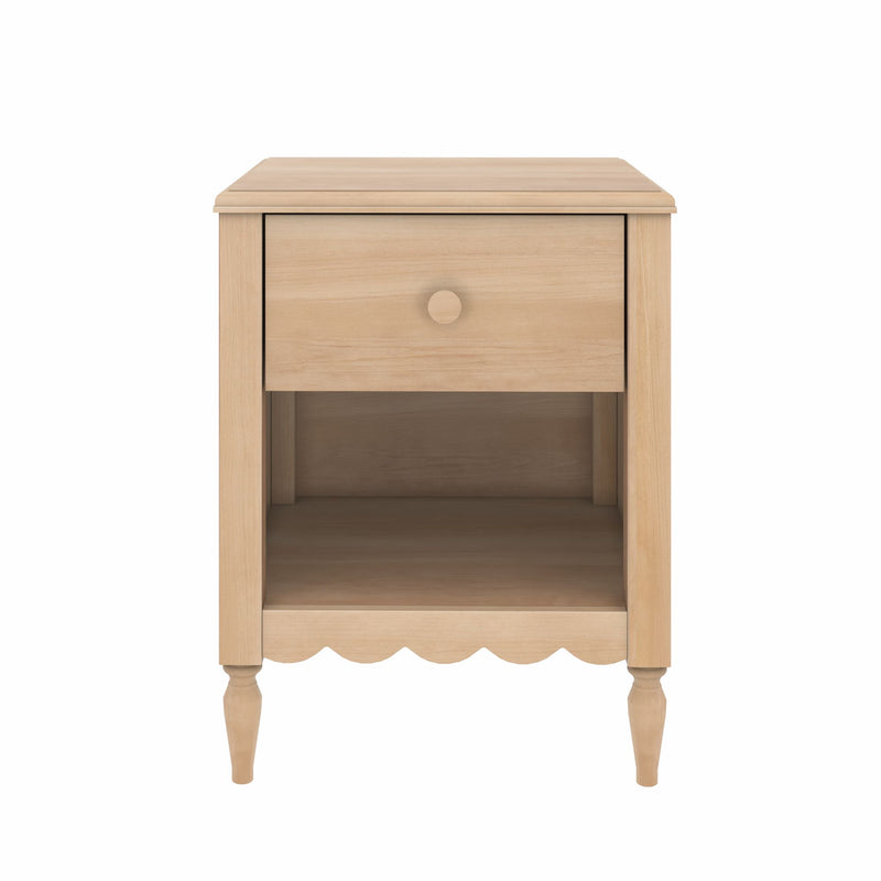 Natural light wood nightstand bedside table with single drawer and open shelf, scalloped apron and turned legs, farmhouse style