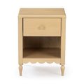 Wooden nightstand bedside table with single drawer and open shelf, light natural finish, turned legs and scalloped apron
