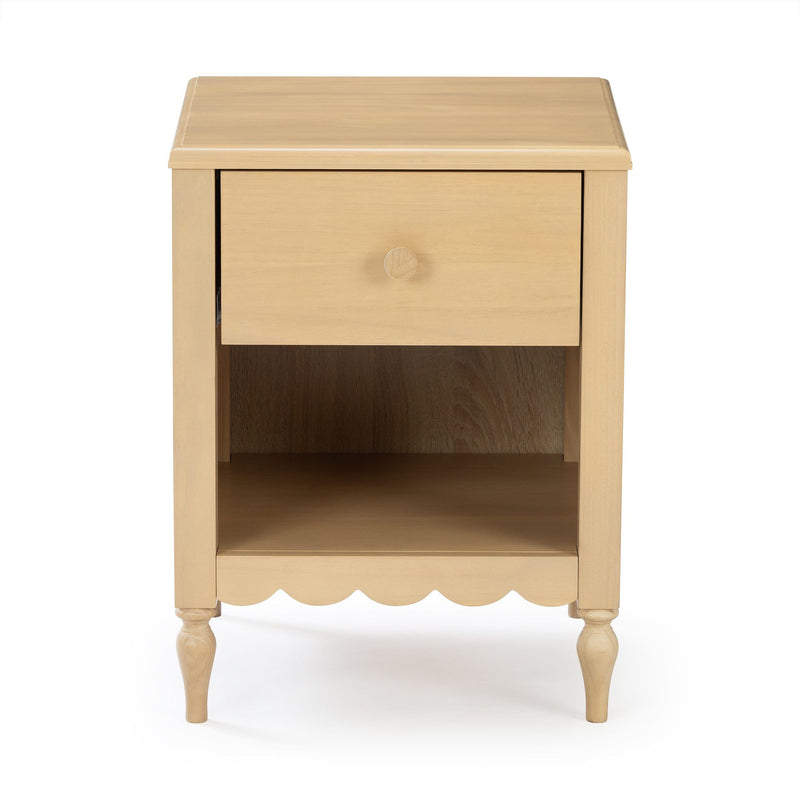 Wooden nightstand bedside table with single drawer and open shelf, light natural finish, turned legs and scalloped apron