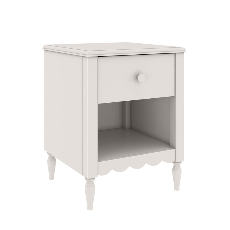 White wooden bedside nightstand with one drawer and open shelf, turned legs and scalloped apron, farmhouse-style side table