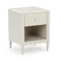Cream white wooden bedside table nightstand with single drawer and open cubby shelf, turned legs and scalloped apron, farmhouse bedroom storage