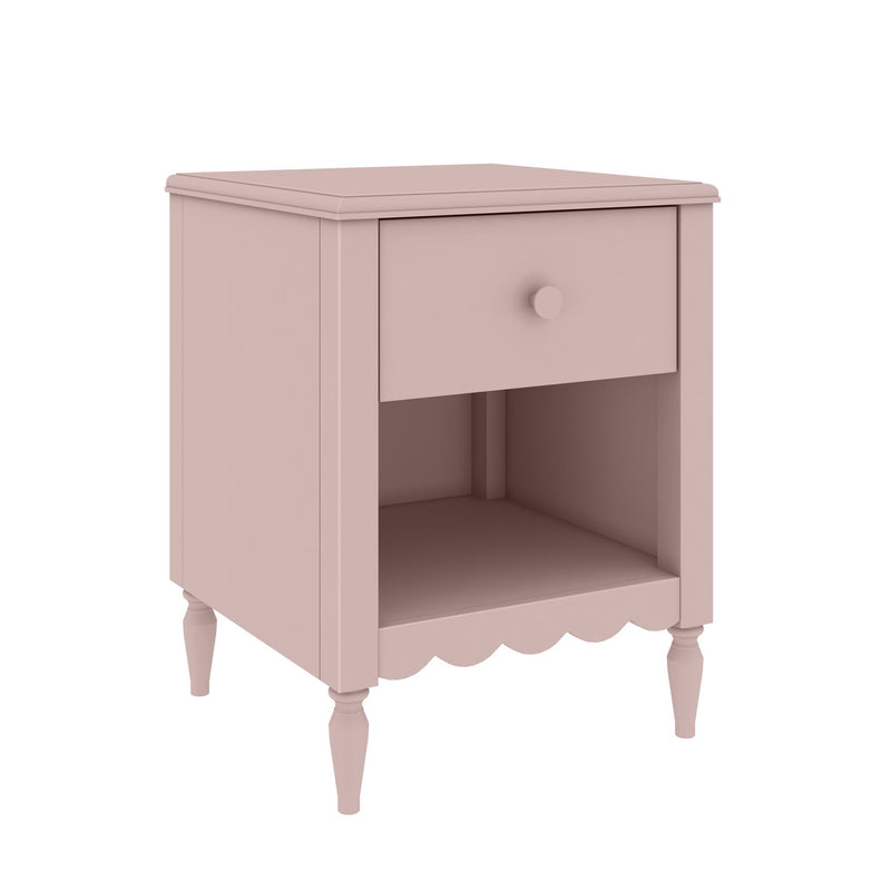 Pastel pink wooden bedside nightstand with single drawer, open lower shelf, scalloped apron and turned legs — shabby chic bedroom side table