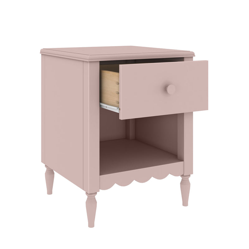 Blush pink wooden nightstand with single drawer and lower open shelf, vintage-style bedside table with turned legs