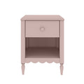 Blush pink wooden nightstand bedside table with single drawer and open shelf, scalloped apron trim and turned legs, shabby chic farmhouse bedroom furniture