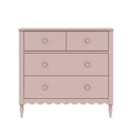 Blush pink vintage-style wooden dresser with two small top drawers and two large lower drawers, scalloped apron and turned legs, nursery chest of drawers on white background.