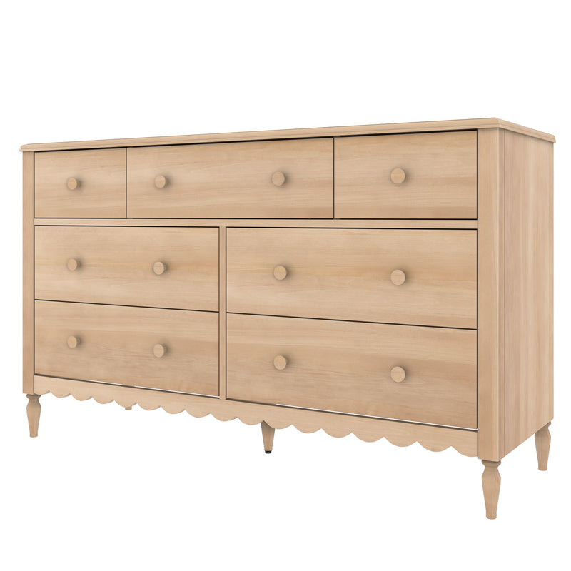 Six-drawer natural wood dresser with round wooden knobs, turned legs and scalloped apron, bedroom storage chest