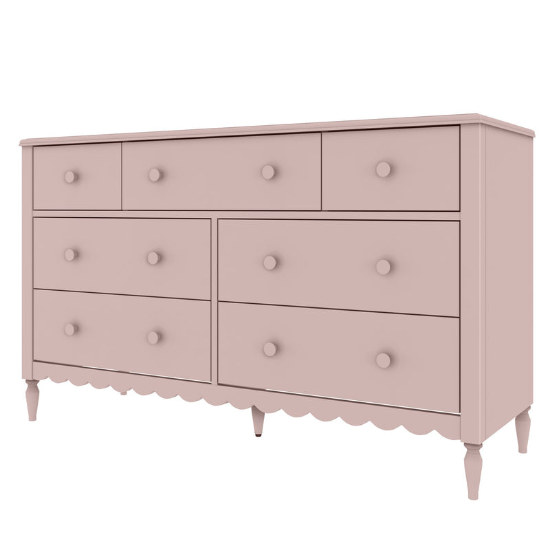 Blush pink six-drawer wooden dresser with round knob handles, scalloped skirt and turned legs — vintage-style nursery bedroom furniture