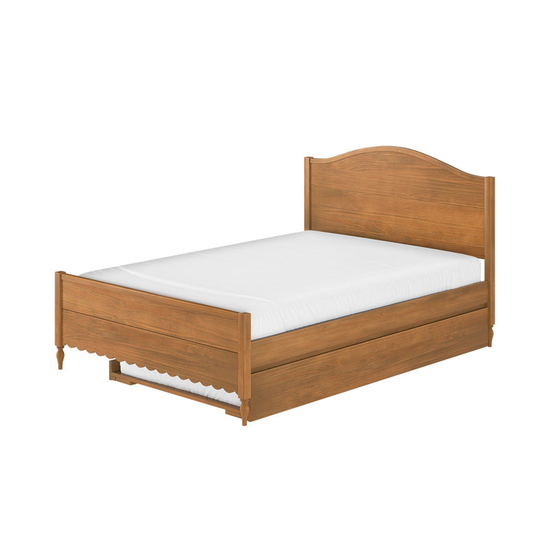 Solid wood twin bed frame in natural oak with curved headboard, white mattress and under-bed storage drawers